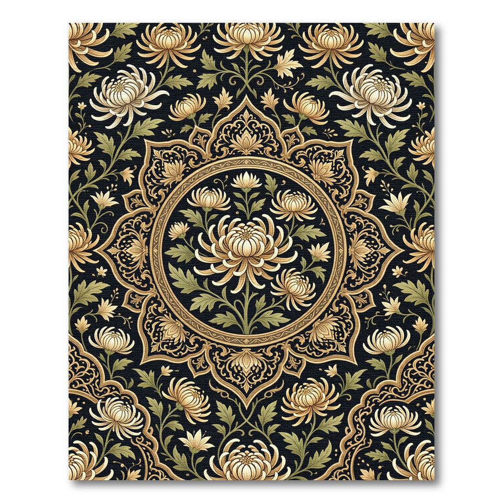 Ornate Golden Chrysanthemum Mandala Rug