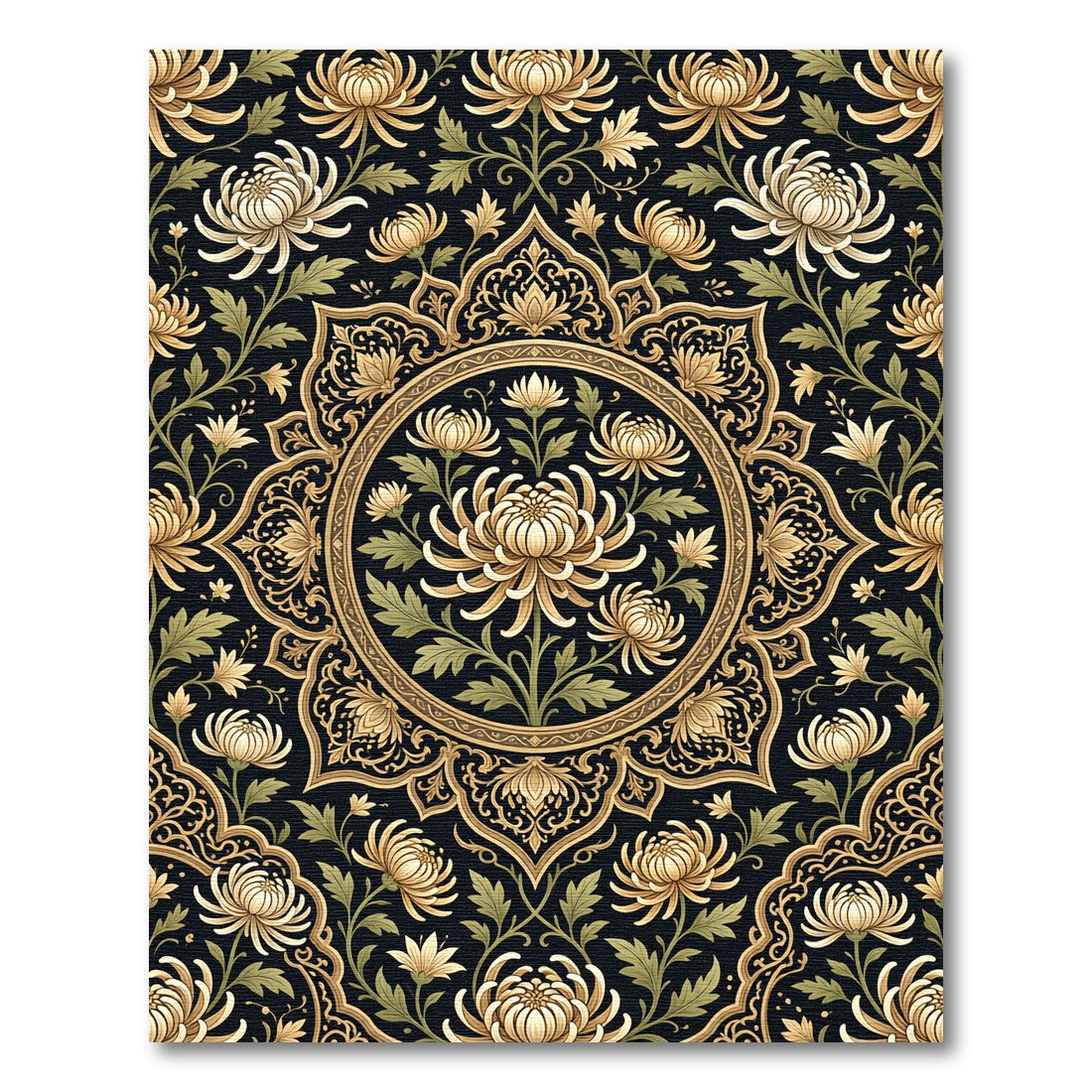 Ornate Golden Chrysanthemum Mandala Rug