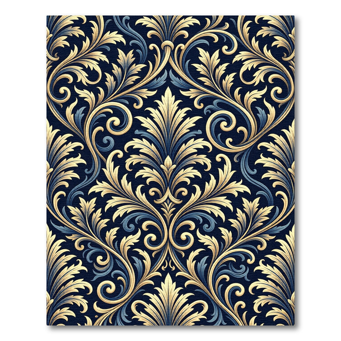 Elegant Gold Midnight Blue Damask Scroll Rug