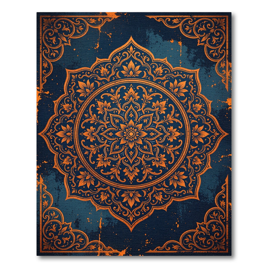 Ornate Amber Floral Medallion Navy Rug