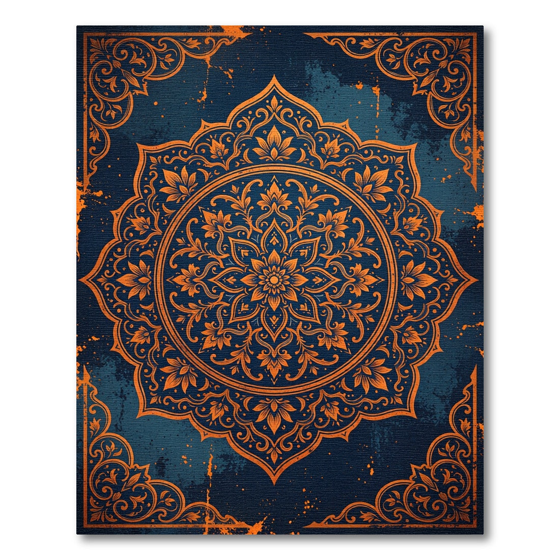 Ornate Amber Floral Medallion Navy Rug