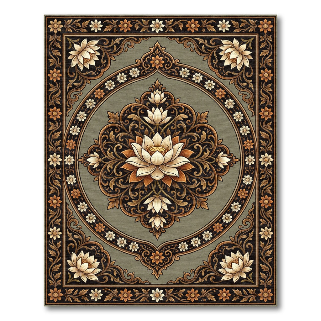 Elegant Sage Lotus Medallion Floral Rug