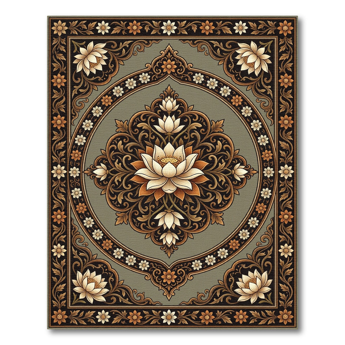 Elegant Sage Lotus Medallion Floral Rug