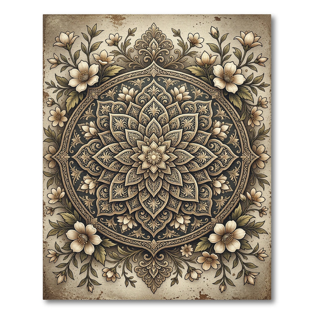 Elegant Gold Floral Mandala Art Rug