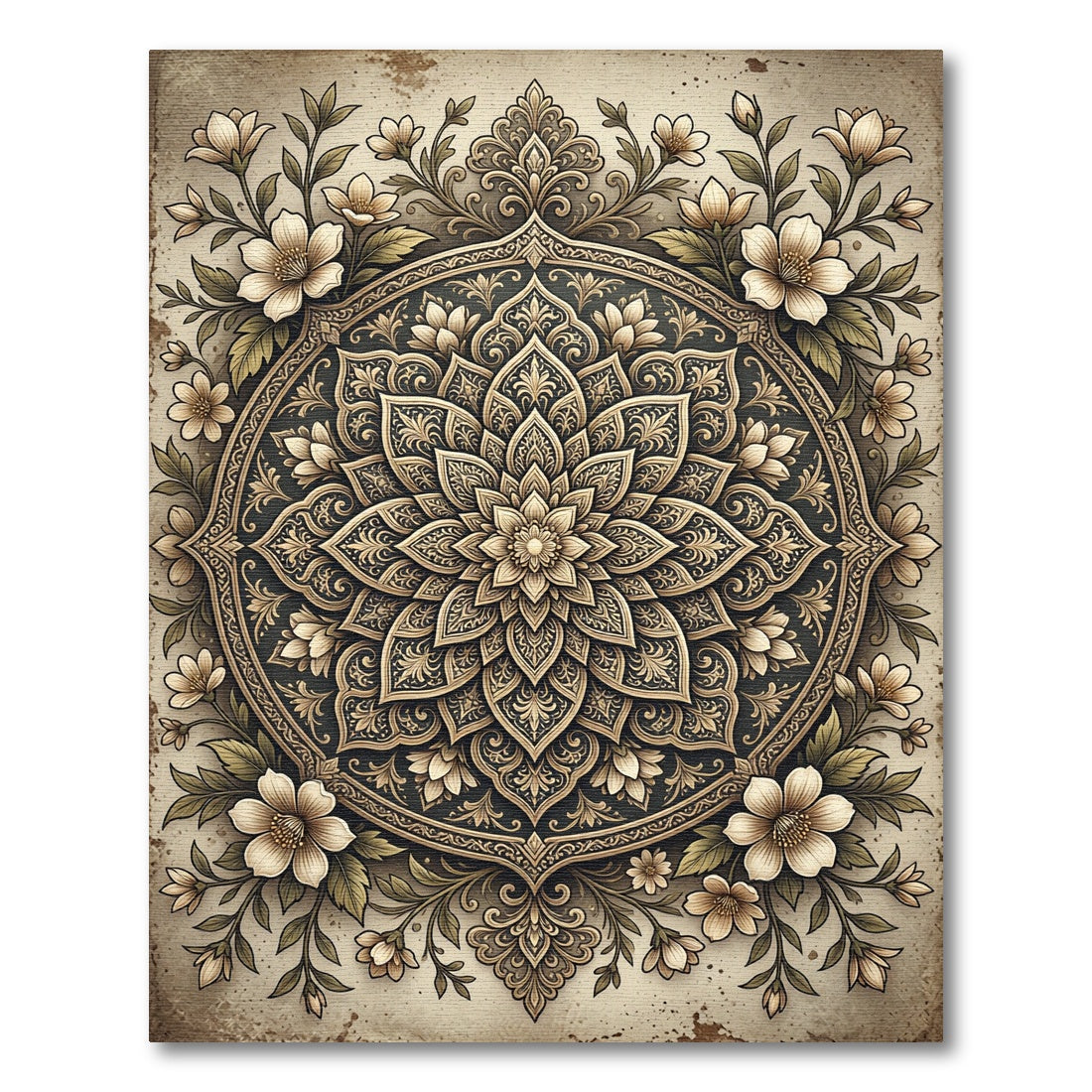 Elegant Gold Floral Mandala Art Rug