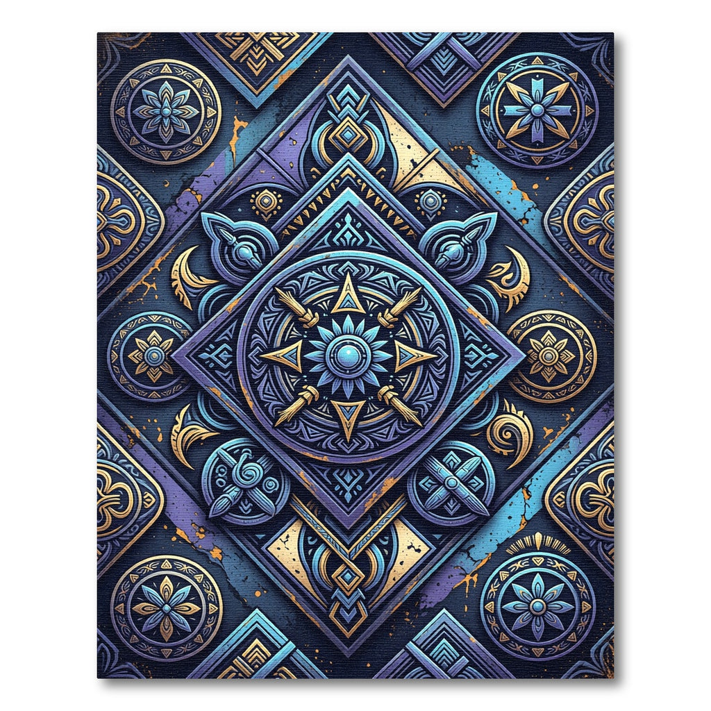 Royal Blue Gold Medallion Geometric Composition Rug