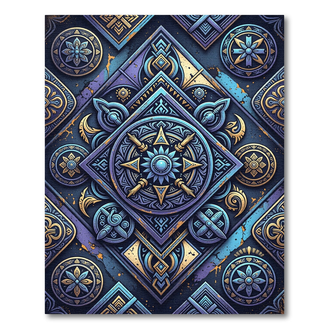 Royal Blue Gold Medallion Geometric Composition Rug