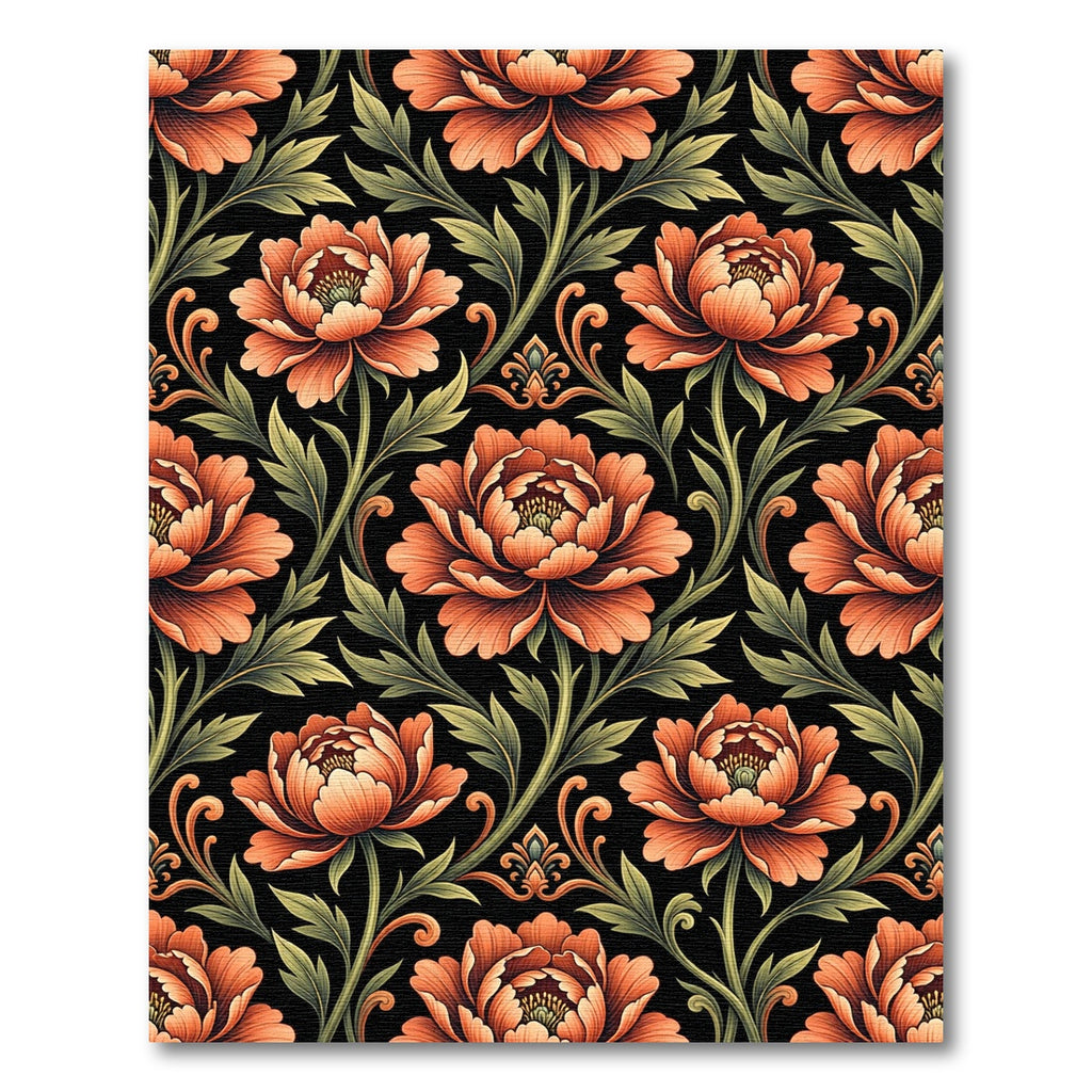 Elegant Peach Peony Botanical Black Rug