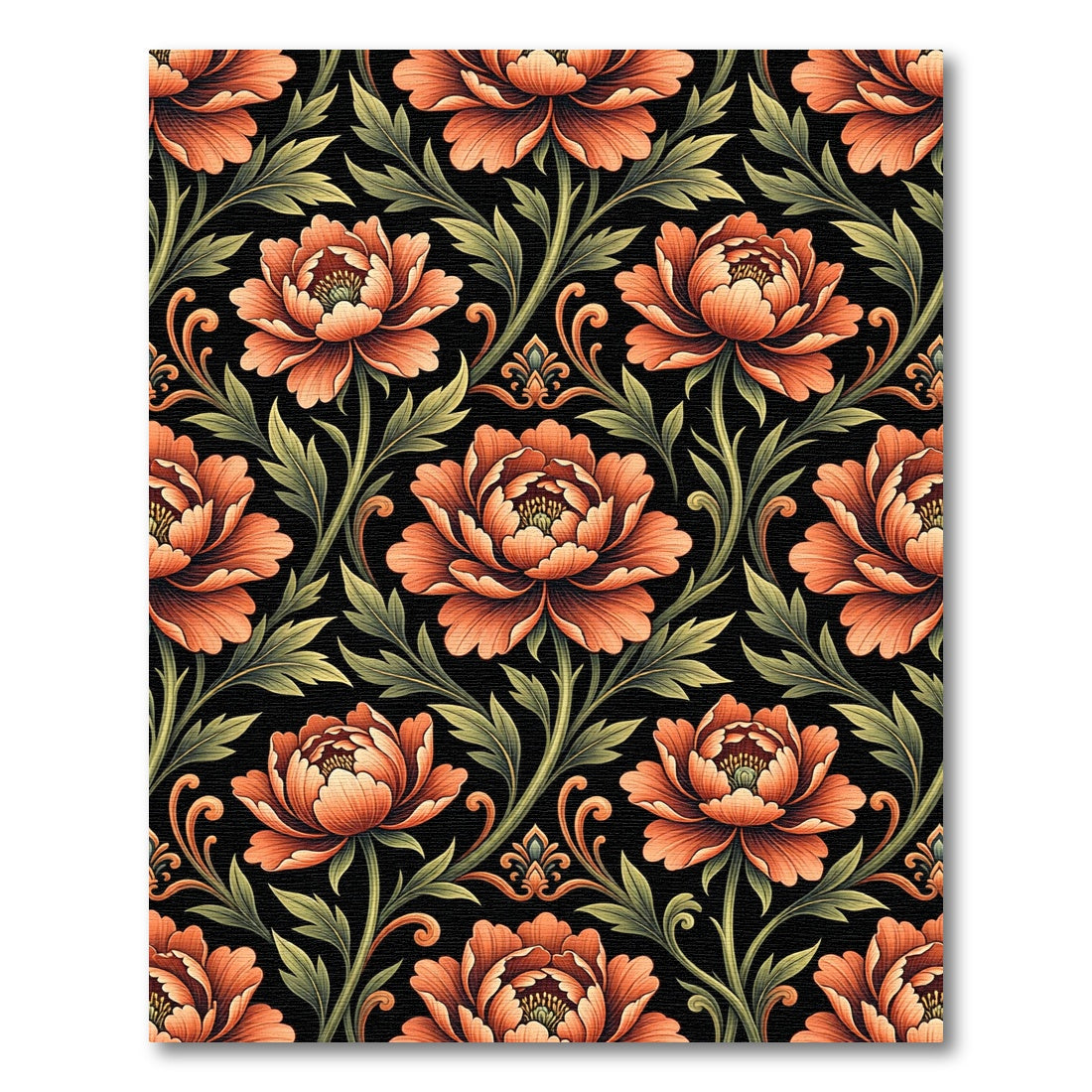 Elegant Peach Peony Botanical Black Rug