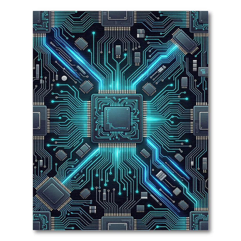 Glowing Cyber Circuit Blue Tech Grid Rug