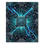 Glowing Cyber Circuit Blue Tech Grid Rug