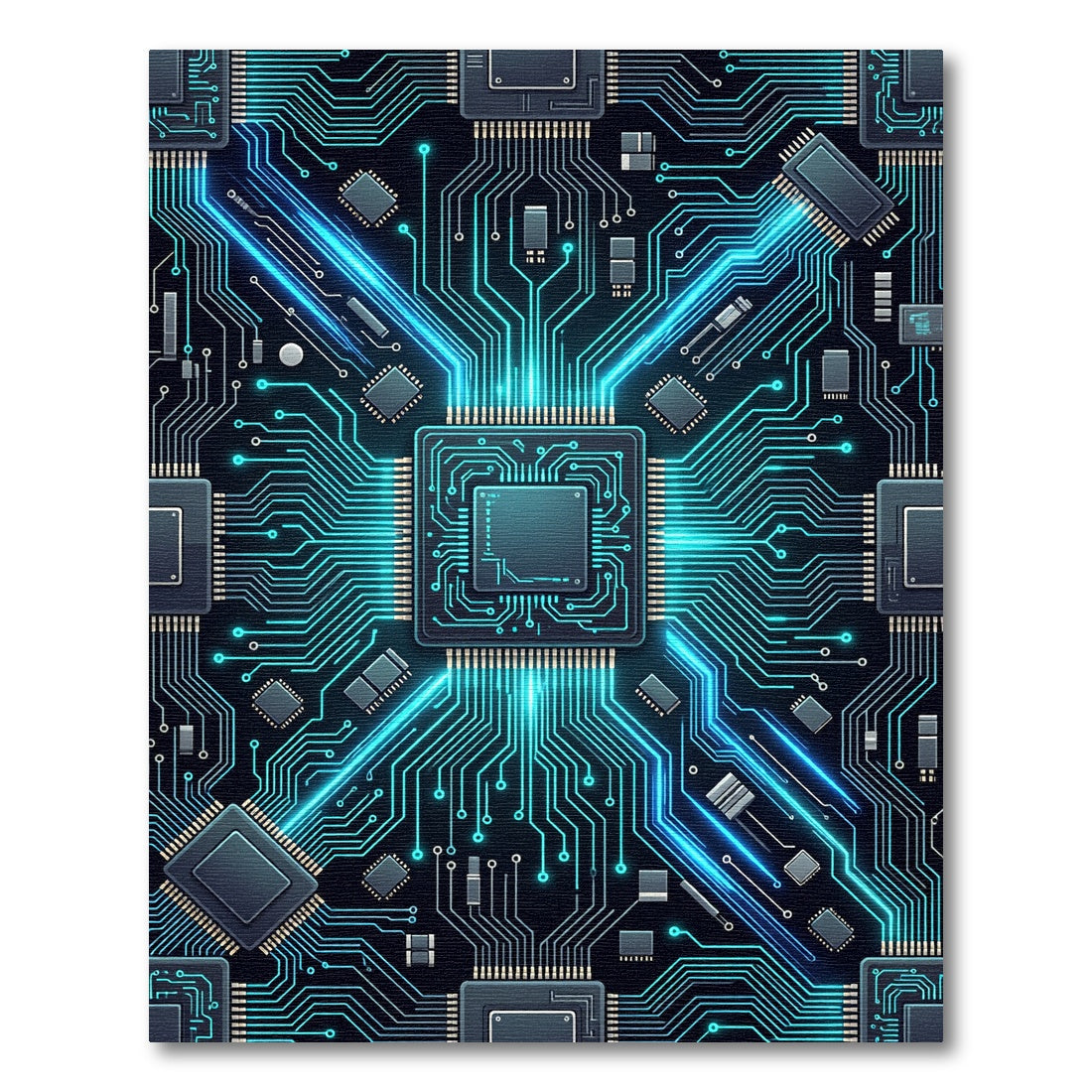 Glowing Cyber Circuit Blue Tech Grid Rug