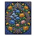 Ornate Chrysanthemum Floral Navy Gold Tapestry Rug