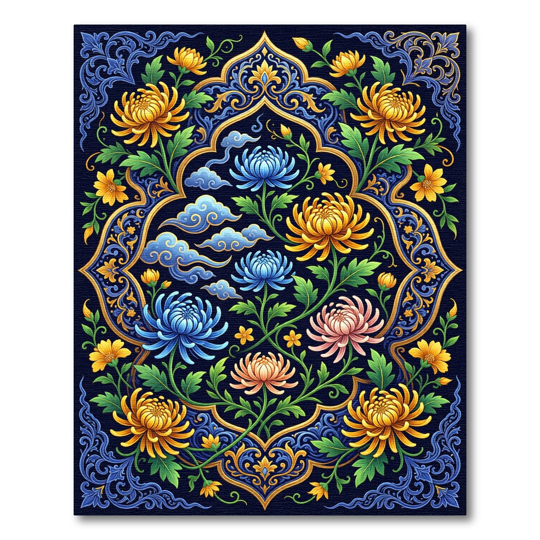 Ornate Chrysanthemum Floral Navy Gold Tapestry Rug