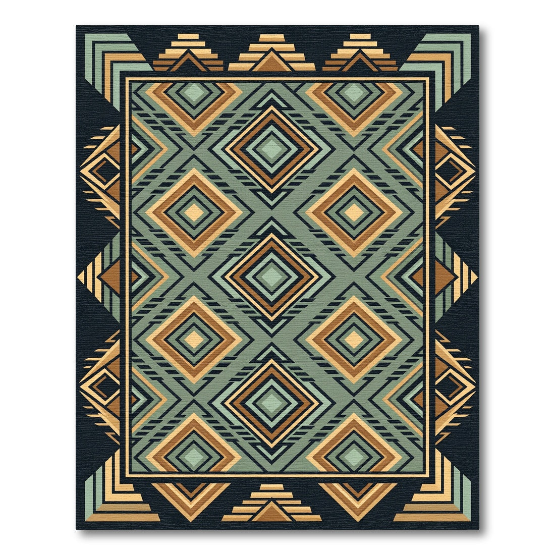 Geometric Teal and Gold Diamond Rug