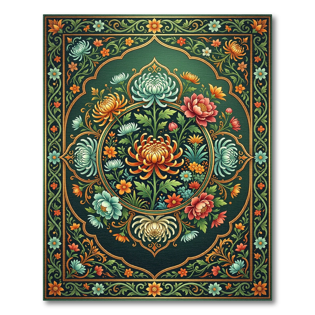 Emerald Chrysanthemum Floral Medallion Rug
