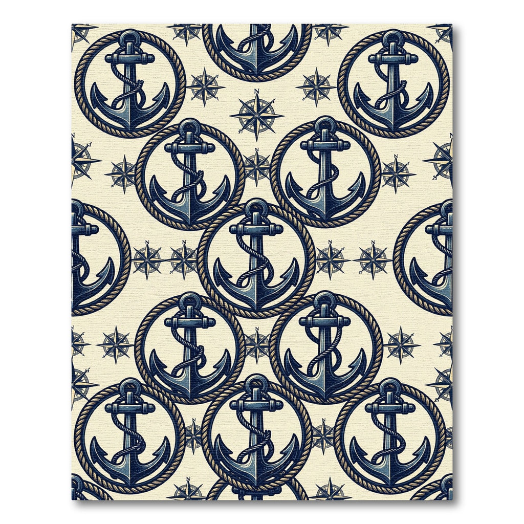 Navy Nautical Anchor Compass Cream Rug