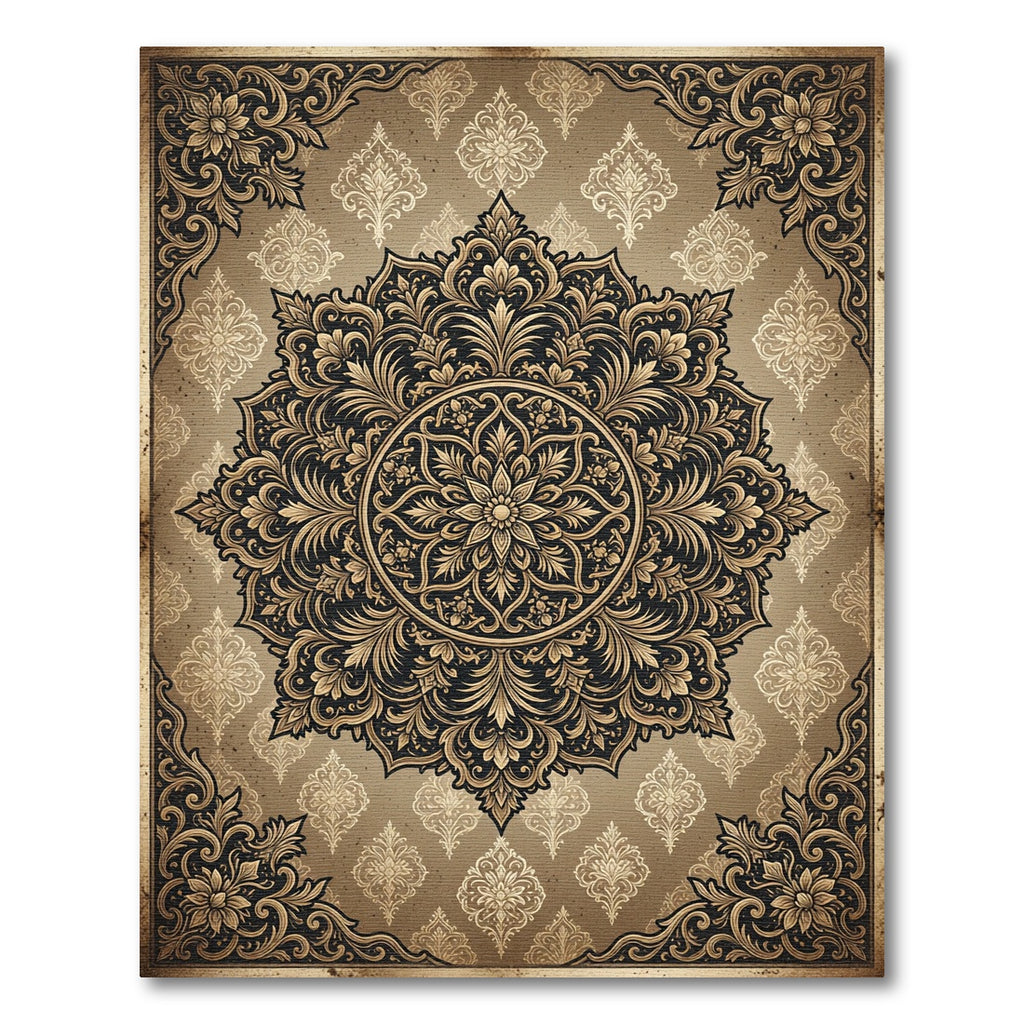 Ornate Gold Floral Medallion Scroll Rug