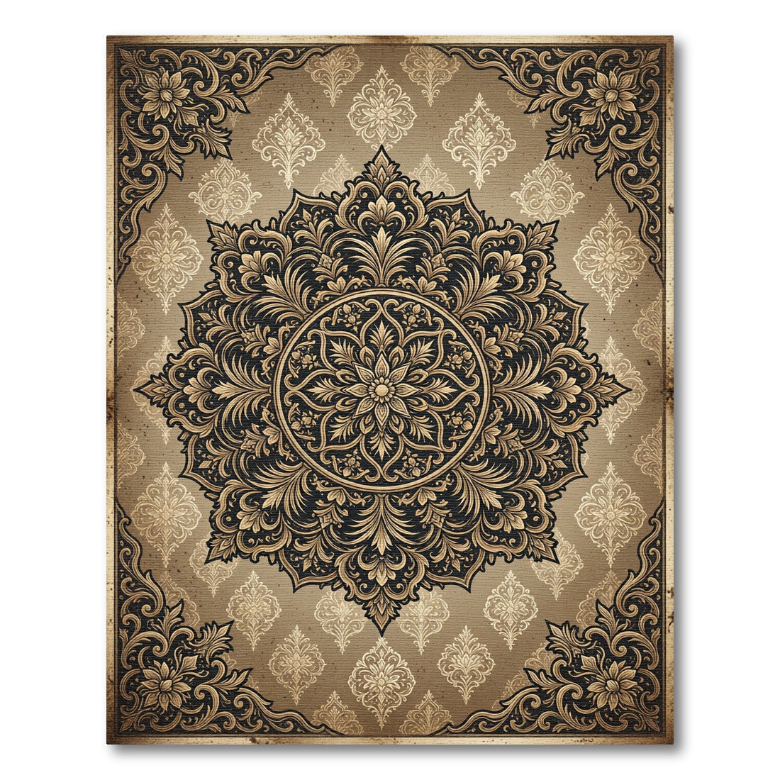 Ornate Gold Floral Medallion Scroll Rug