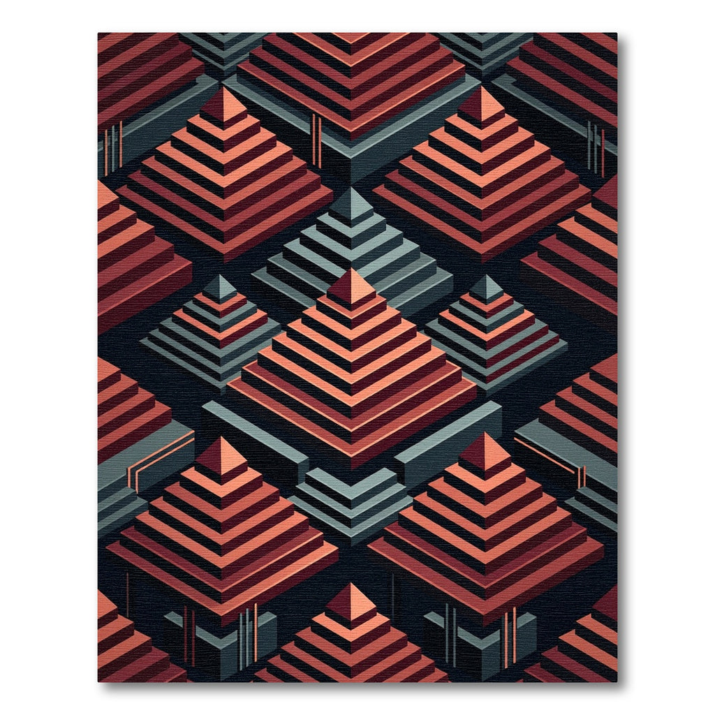 Isometric Crimson Pyramids Slate Abstract Rug
