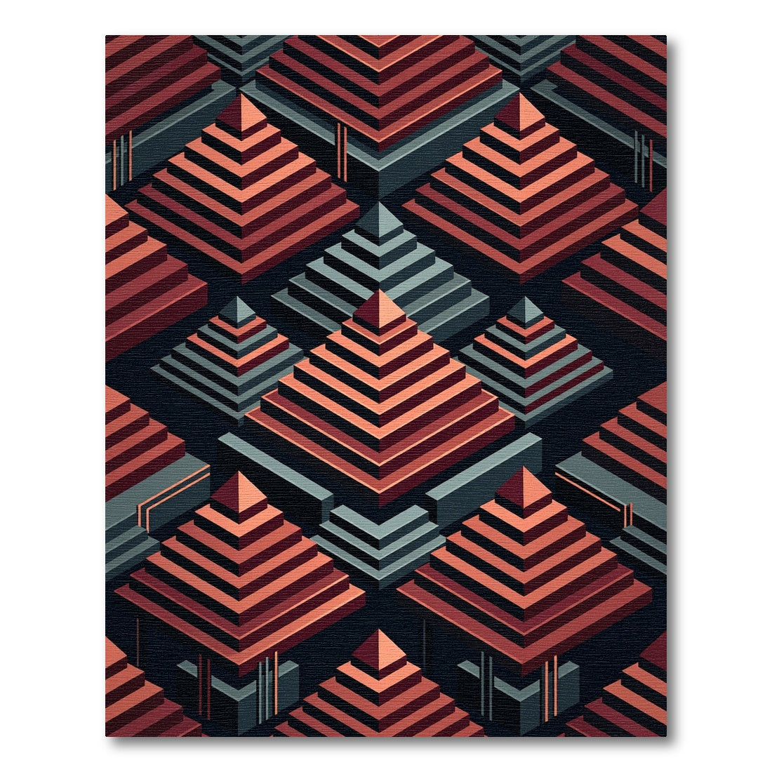 Isometric Crimson Pyramids Slate Abstract Rug