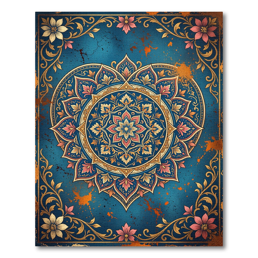 Vintage Teal Floral Heart Medallion Rug