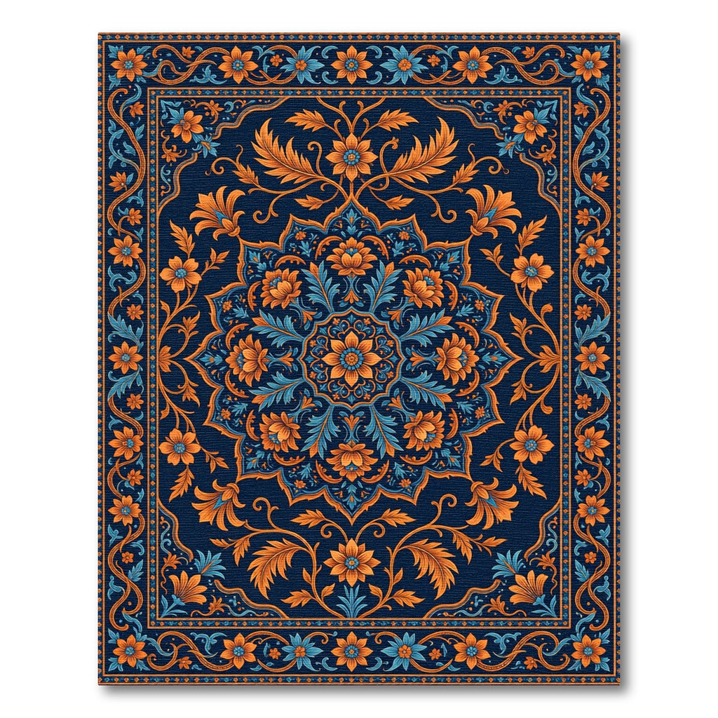 Navy Blue Orange Floral Medallion Rug