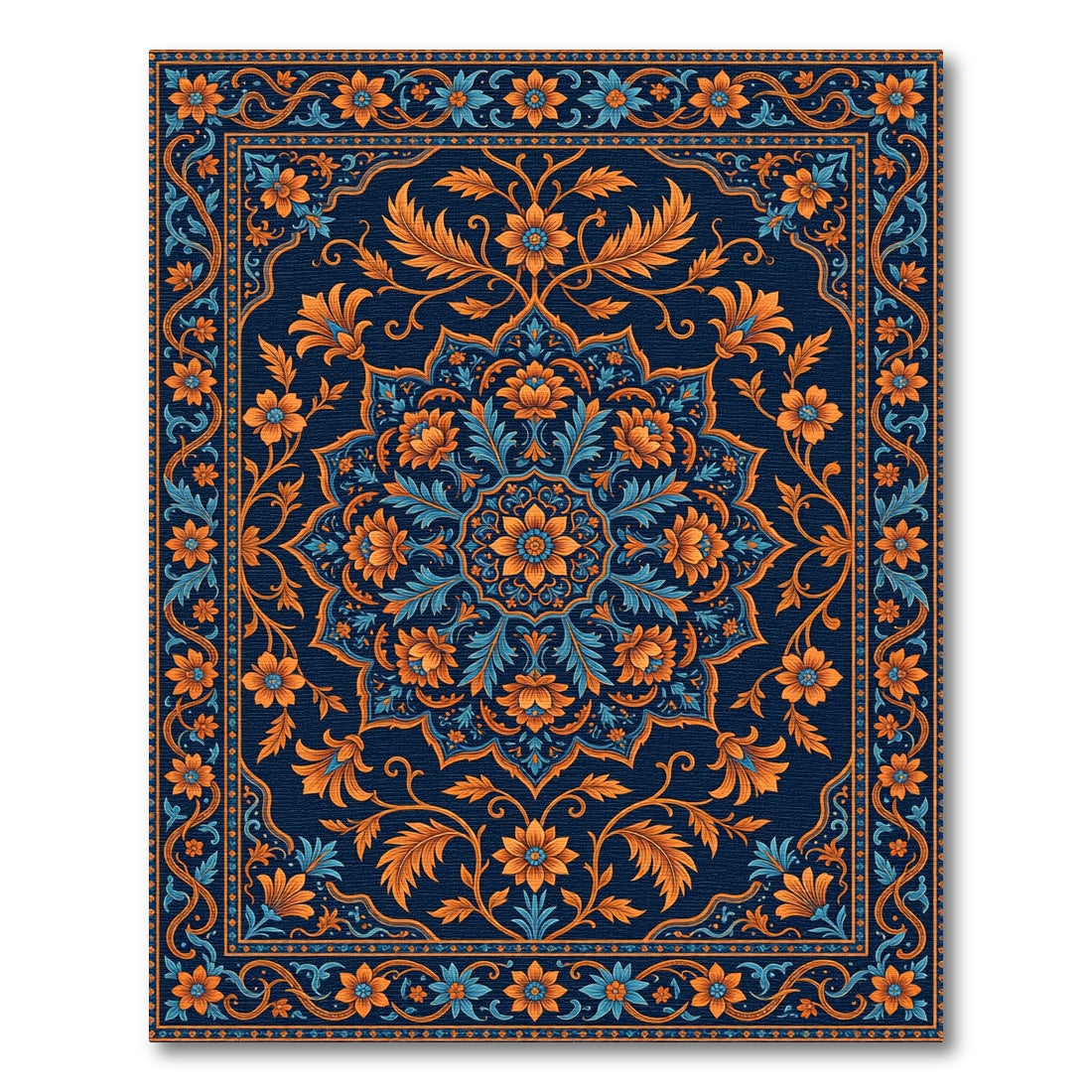 Navy Blue Orange Floral Medallion Rug