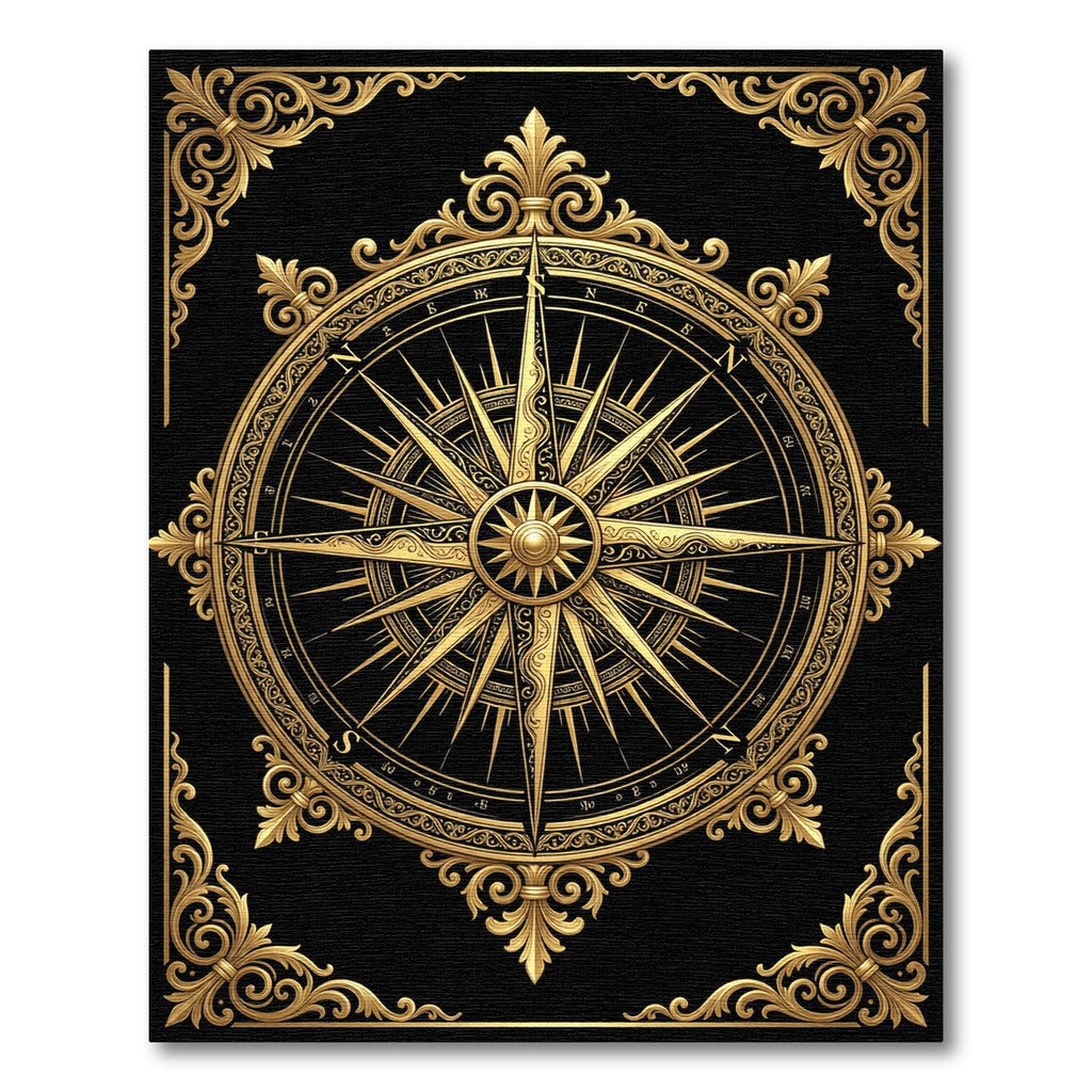 Ornate Golden Compass Medallion Black Rug