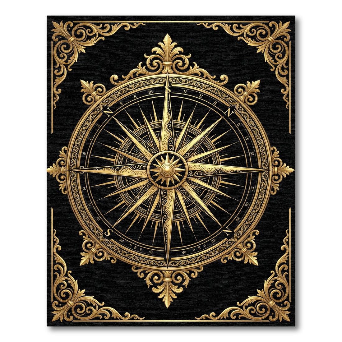 Ornate Golden Compass Medallion Black Rug