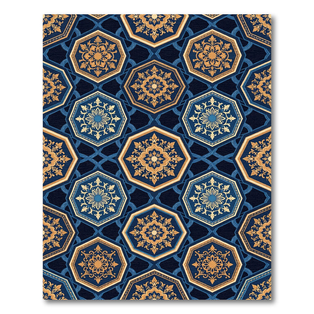 Navy Blue Golden Hexagon Geometric Medallion Rug