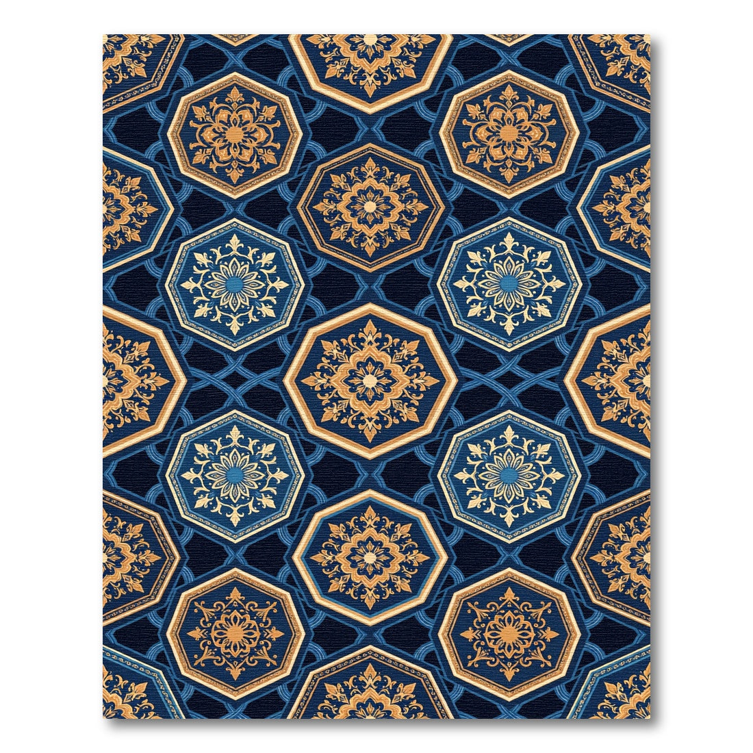 Navy Blue Golden Hexagon Geometric Medallion Rug
