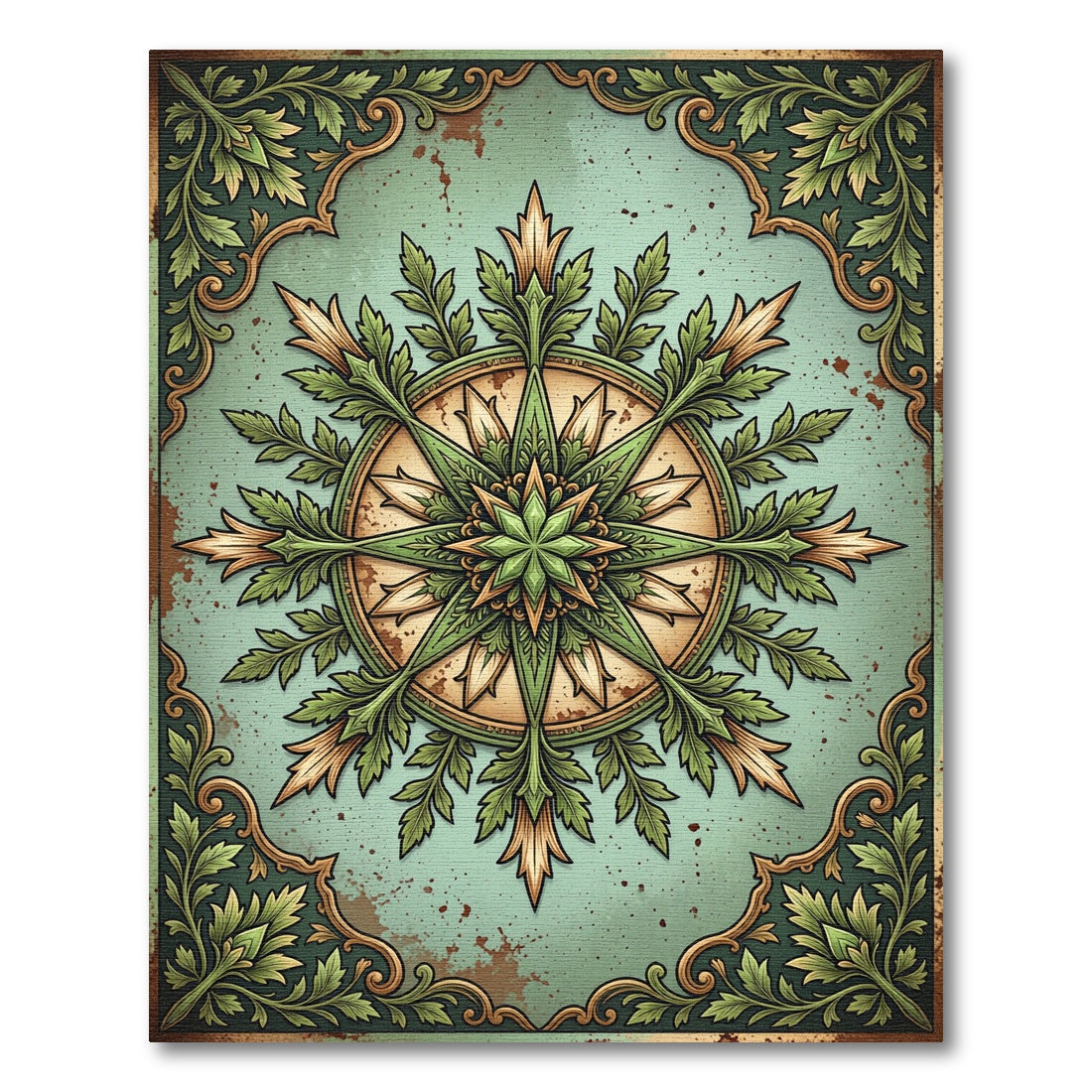 Green Floral Medallion Compass Frame Rug