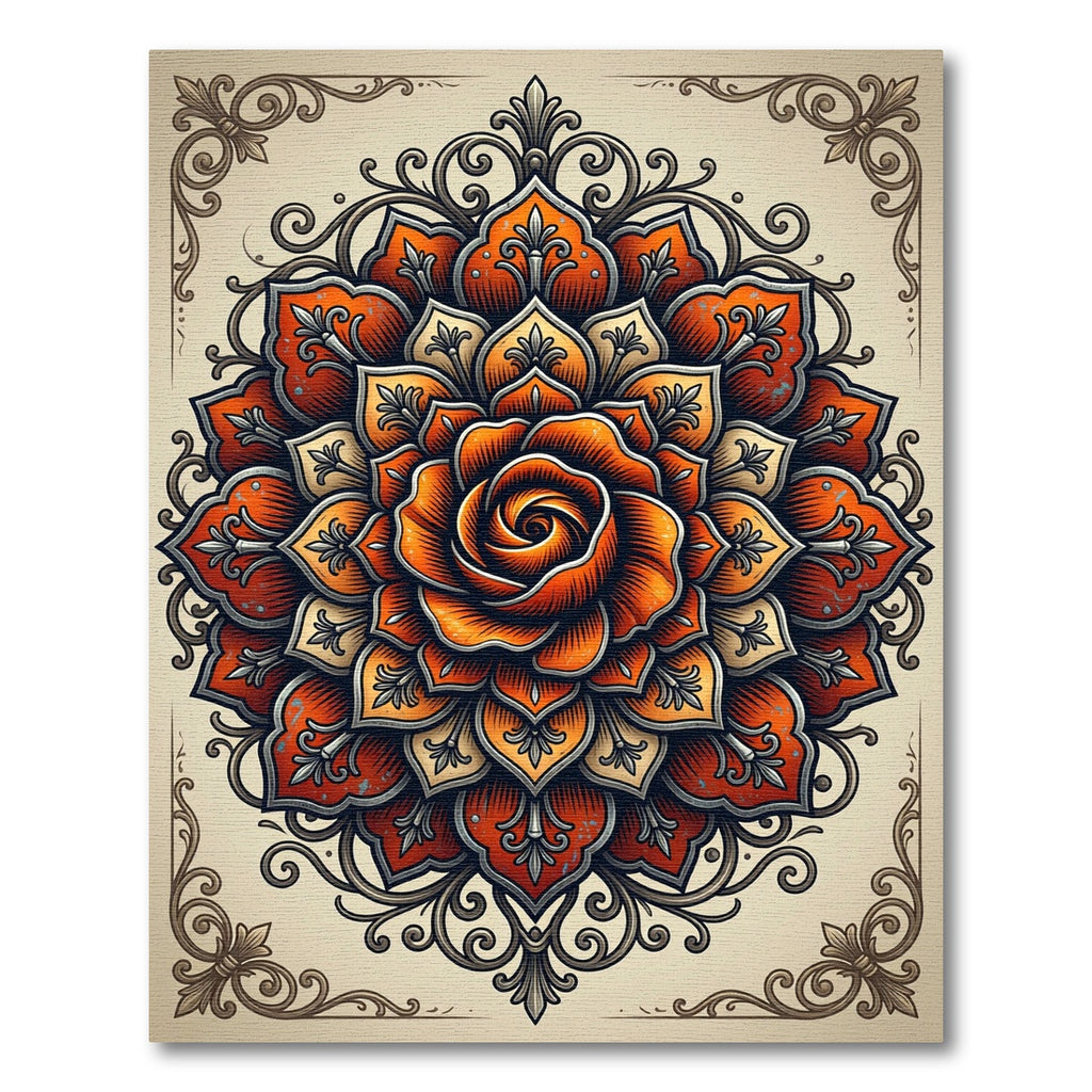 Ornate Tangerine Rose Mandala Medallion Rug
