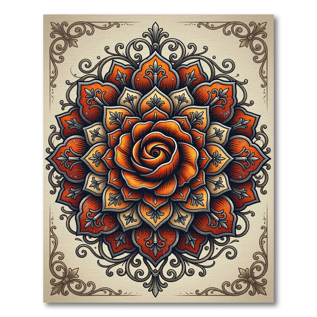 Ornate Tangerine Rose Mandala Medallion Rug