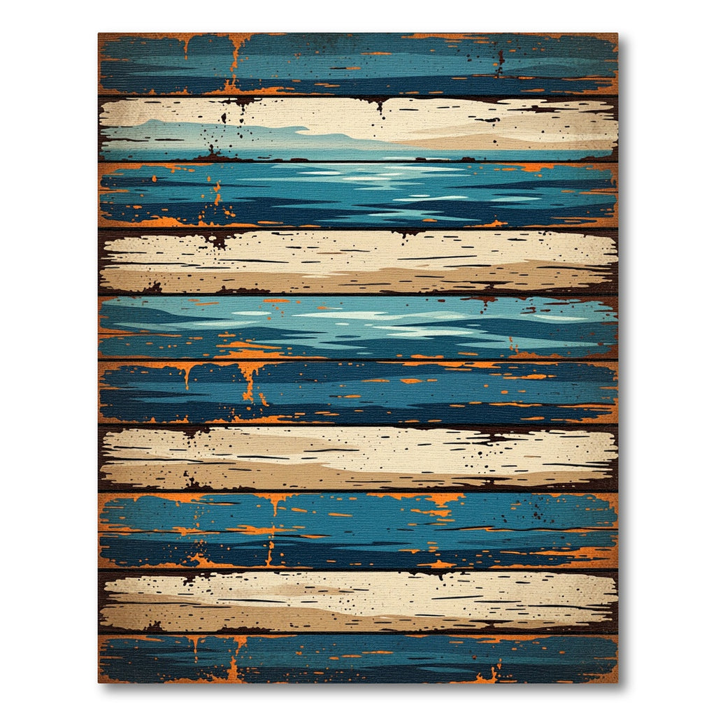 Distressed Coastal Blue and Beige Plank Rug