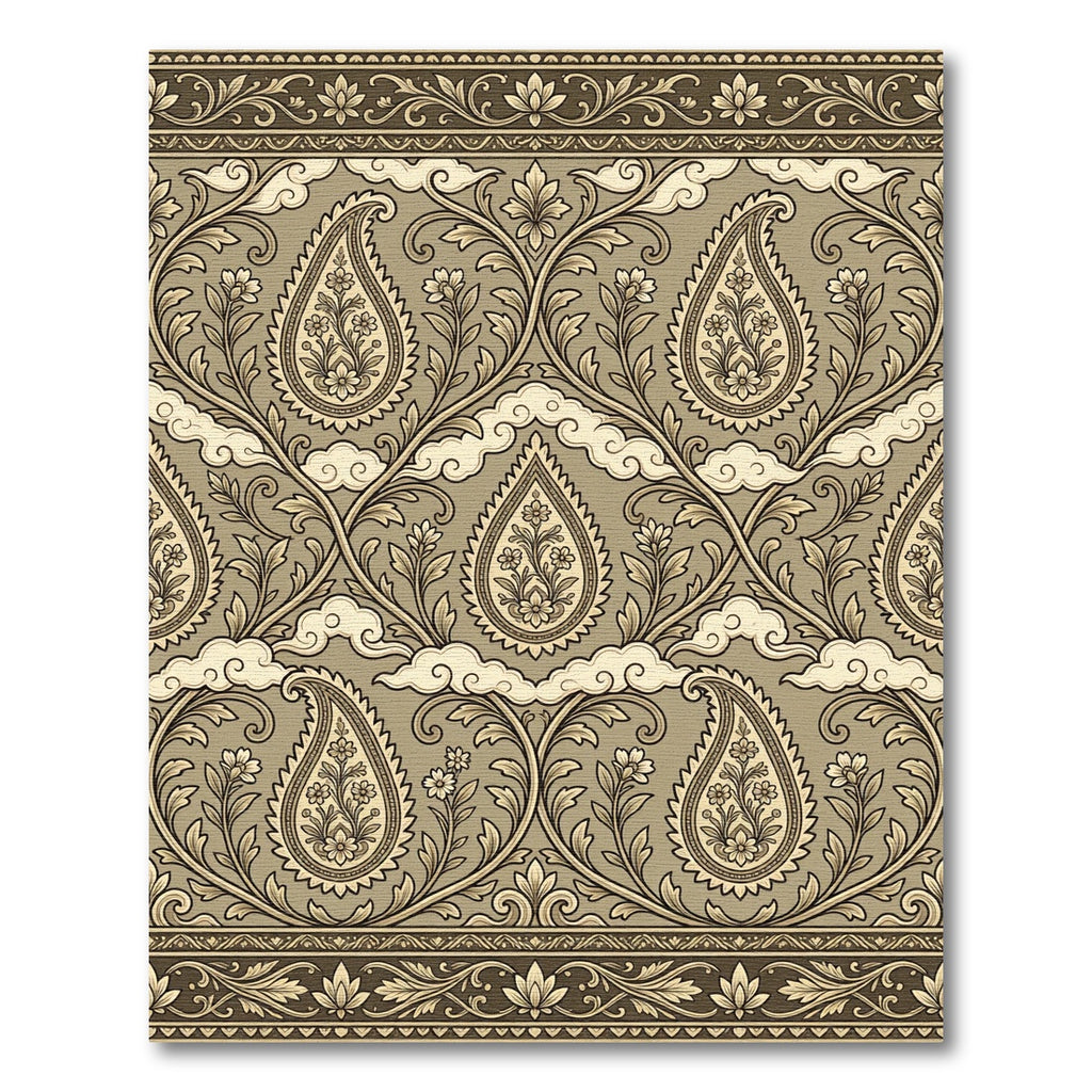 Earthy Taupe Paisley Floral Scroll Rug