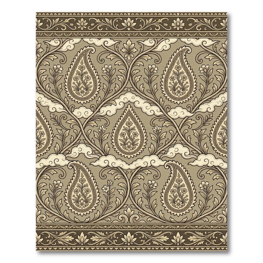 Earthy Taupe Paisley Floral Scroll Rug