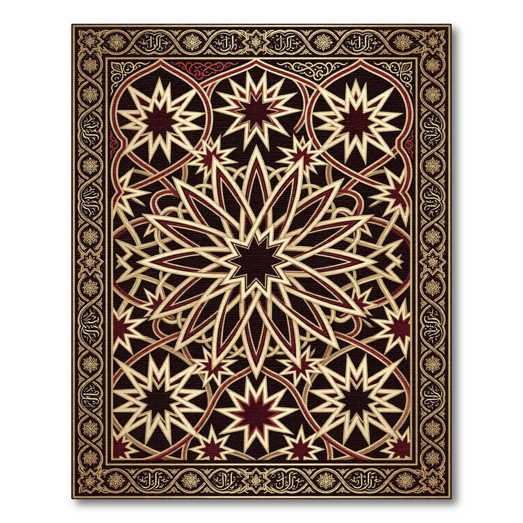Crimson Gold Star Intricate Geometric Rug