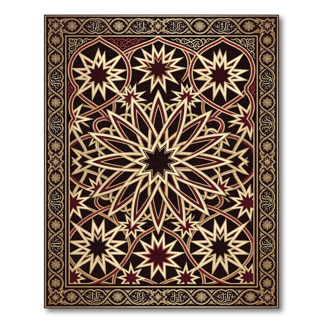 Crimson Gold Star Intricate Geometric Rug