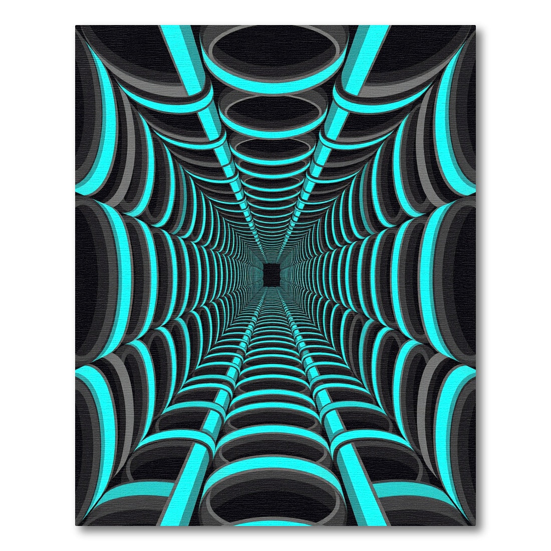 Neon Cyan Glowing Geometric Tunnel Rug