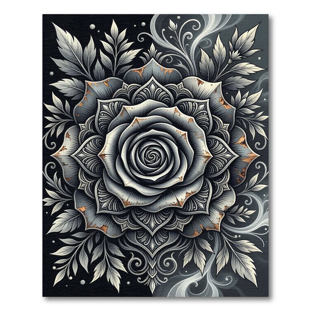 Distressed Monochrome Metallic Rose Medallion Rug