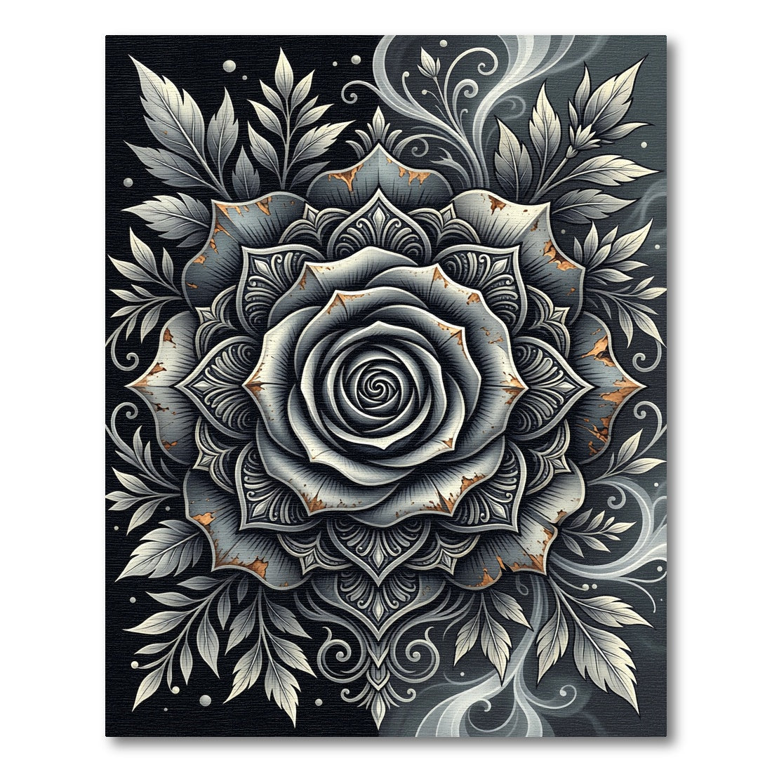 Distressed Monochrome Metallic Rose Medallion Rug