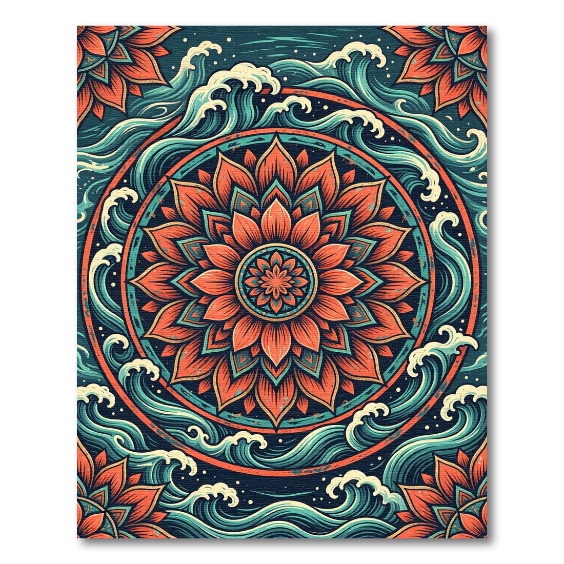 Mandala Lotus with Teal Ocean Waves Rug