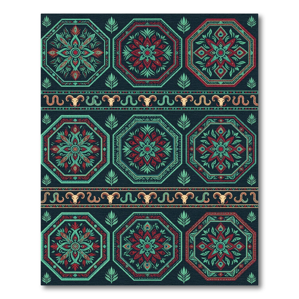 Deep Teal Red Octagon Floral Pattern Rug