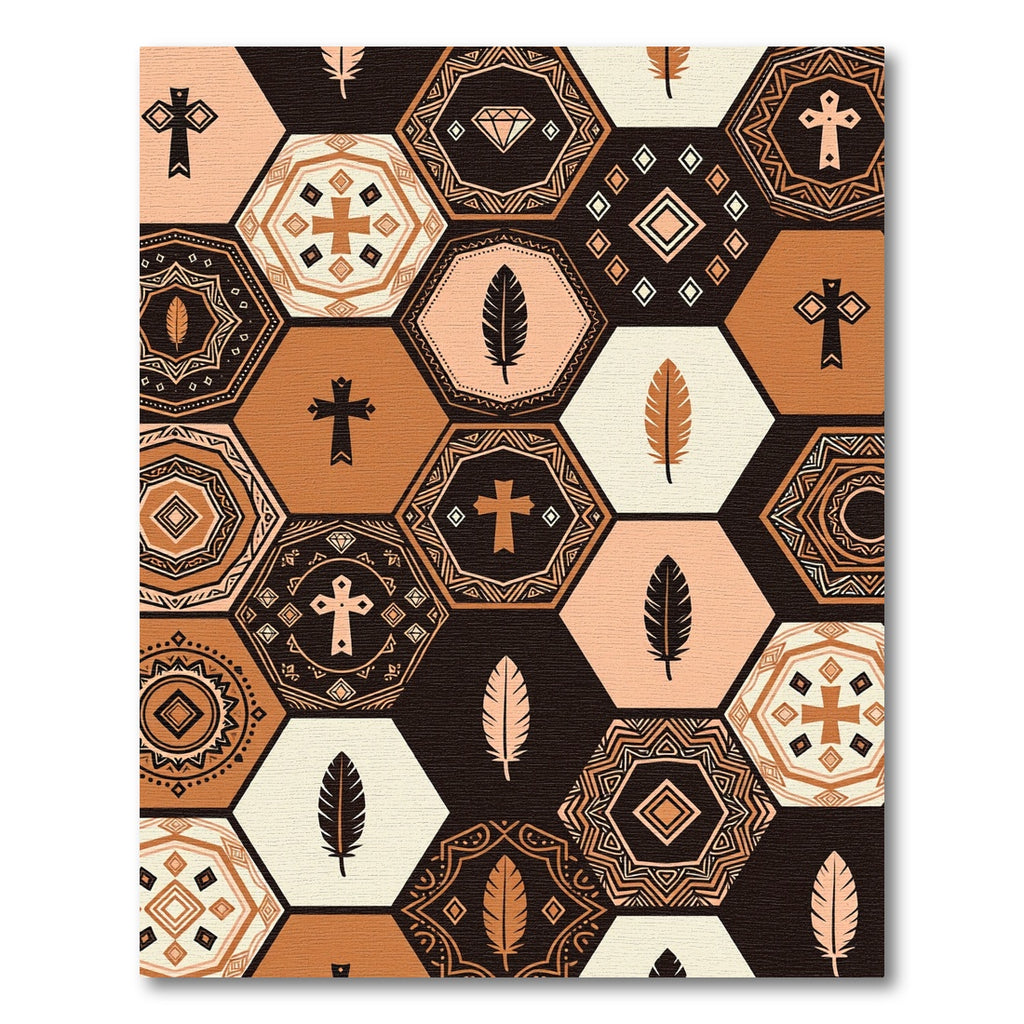 Earthy Geometric Hexagon Feather Cross Mosaic Rug