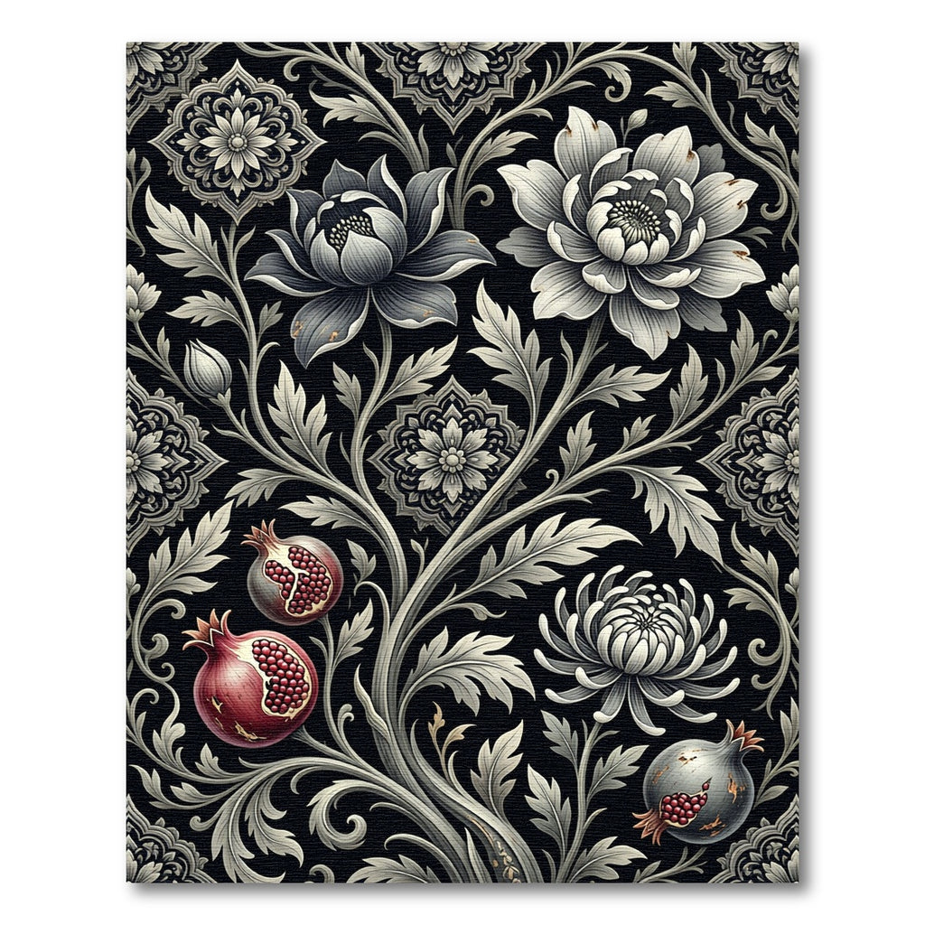 Black Floral Pomegranate Scroll Rug