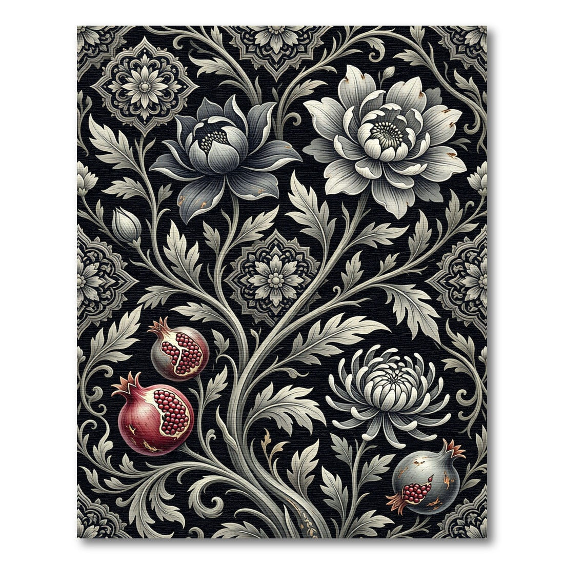 Black Floral Pomegranate Scroll Rug