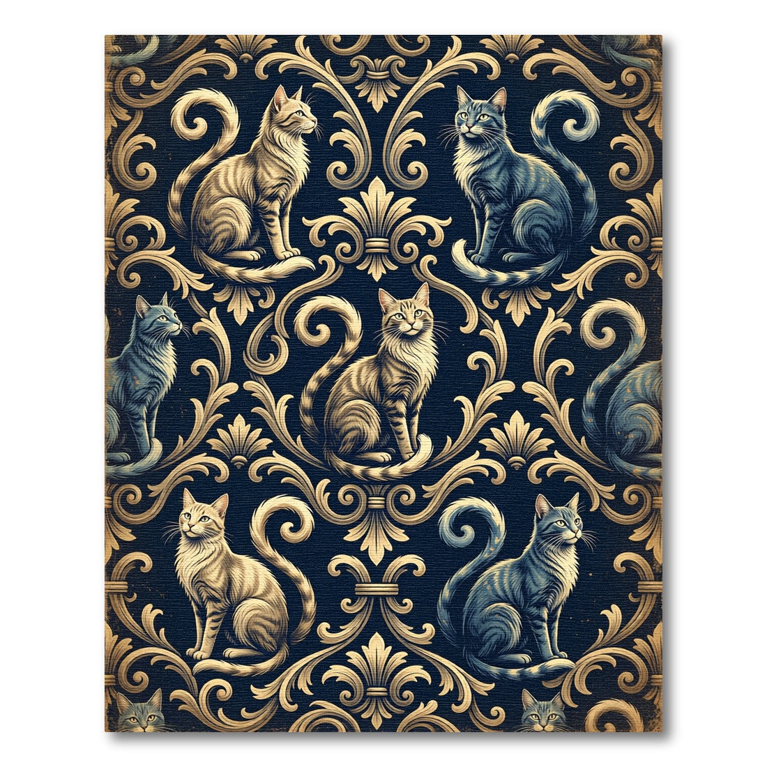Elegant Golden Feline Damask Navy Rug