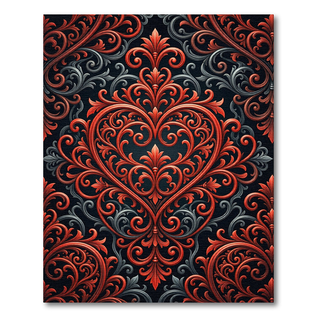 Ornate Red Scrollwork Floral Heart Rug